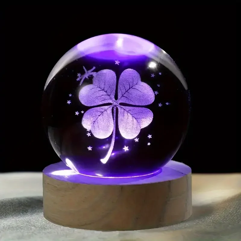 1pc 3D four-leaf clover crystal ball with colored light base, family bedroom decoration gift, birthday,  Mother\'s Day gift