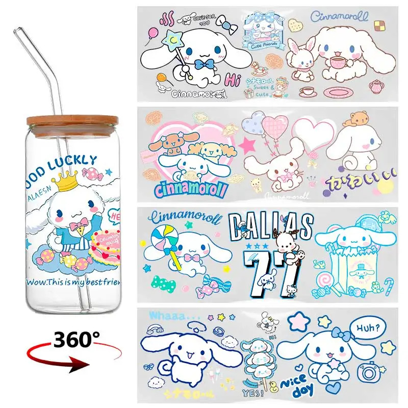 Sanrio-pegatina de transferencia 3D de dibujos animados Cinnamoroll para vasos Libbey de 16oz, pegatina impermeable DIY, taza UV DTF, pegatina encantadora