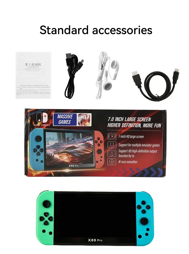 وحدة تحكم ألعاب X80Pro مقاس 7.0 بوصة IPS Retro Viedo بسعة 16 جيجابايت أكثر من 10000 لعبة Arcade PS1 13 محاكي يدعم التلفزيون خارج هدايا الأطفال