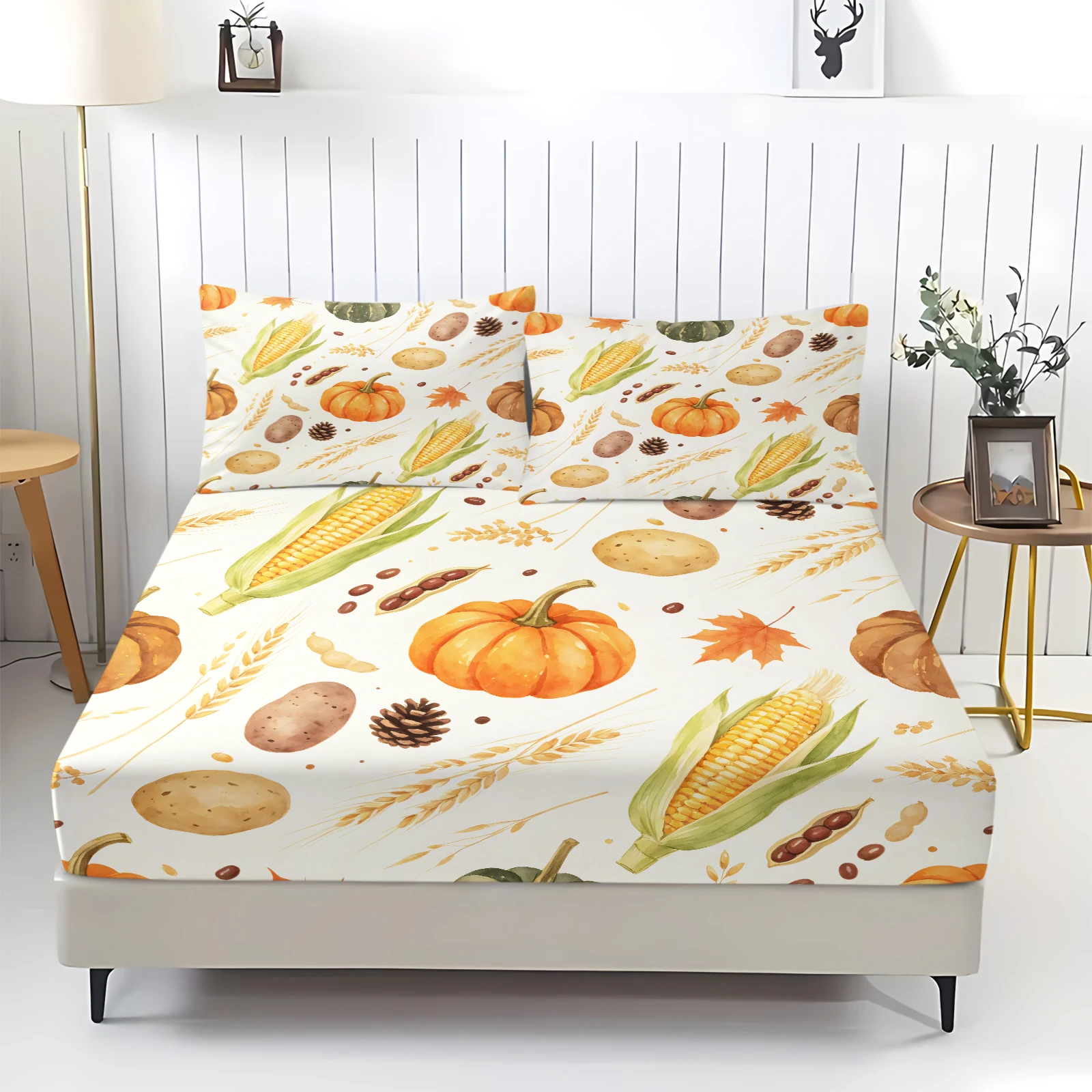 Harvest Pumpkin Corn Potato Printed Fitted Sheet 360° Elastic Bed Sheet Mattress Cover Soft Breathable Bedding Bedroom Decor