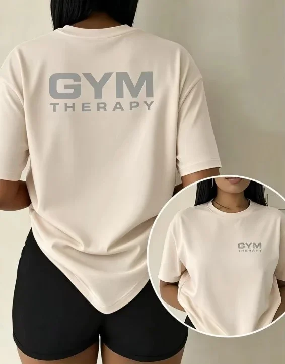 2026 New Plus Size Women Crew Neck GYM THERAPY Slogan T Shirt Fitness Therapy Double Sided Graphic Print Summer Elegant Casual Basic Top T Shirt