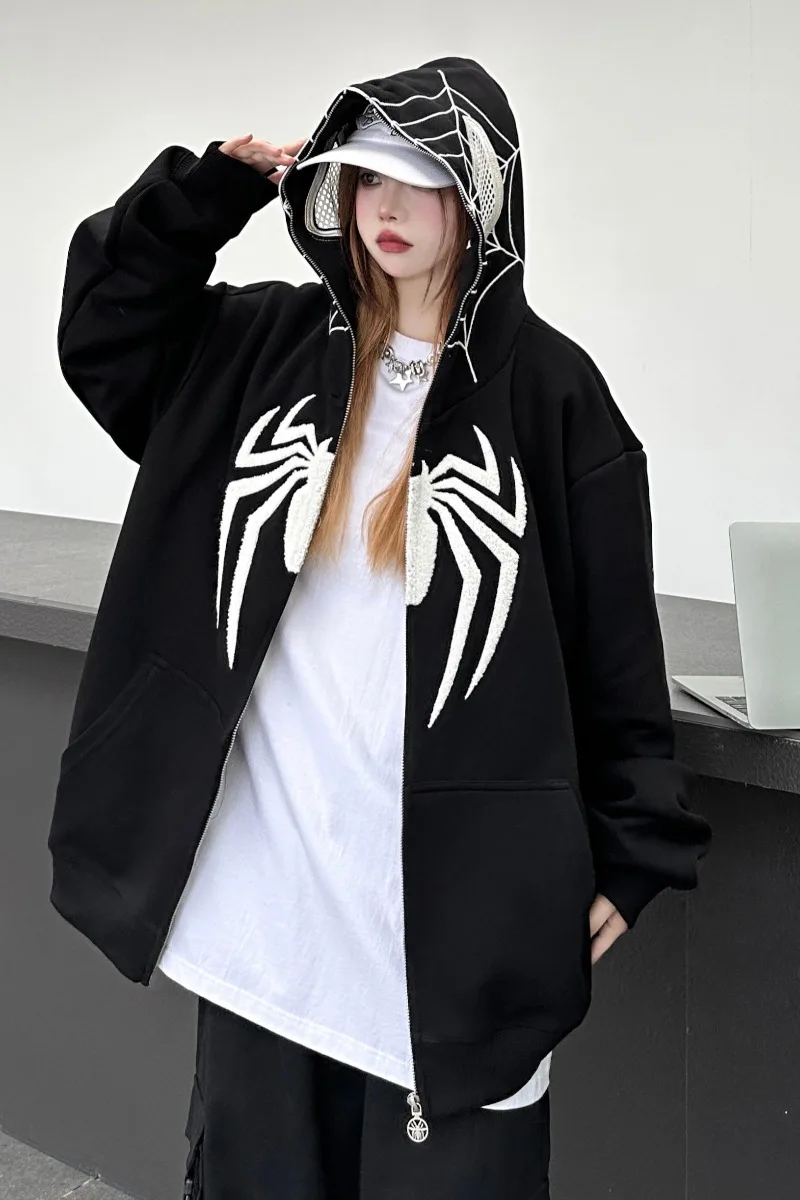 American Retro Spider Embroidery Hoodie Women Design Sense High Street Oversize Sweatshirt Harajuku Loose Zipper Hoodies Men