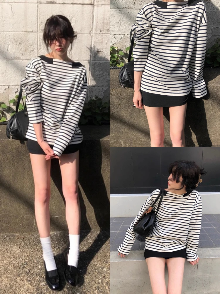 

Loose Fit Striped Long Sve Navy Collar T-irt Women's Sle Casual Comfortable Cotton Top Color Blo Design Spring Autumn