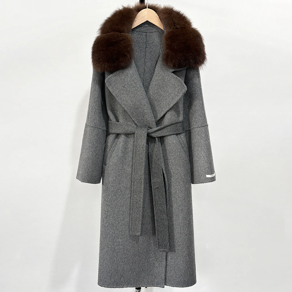 OFTBUY Langer, warmer, eleganter Wintermantel mit Gürtel, neue Damen-Doppelmantel aus Wolle mit echtem Fuchsfellkragen und -manschetten – Detail 16