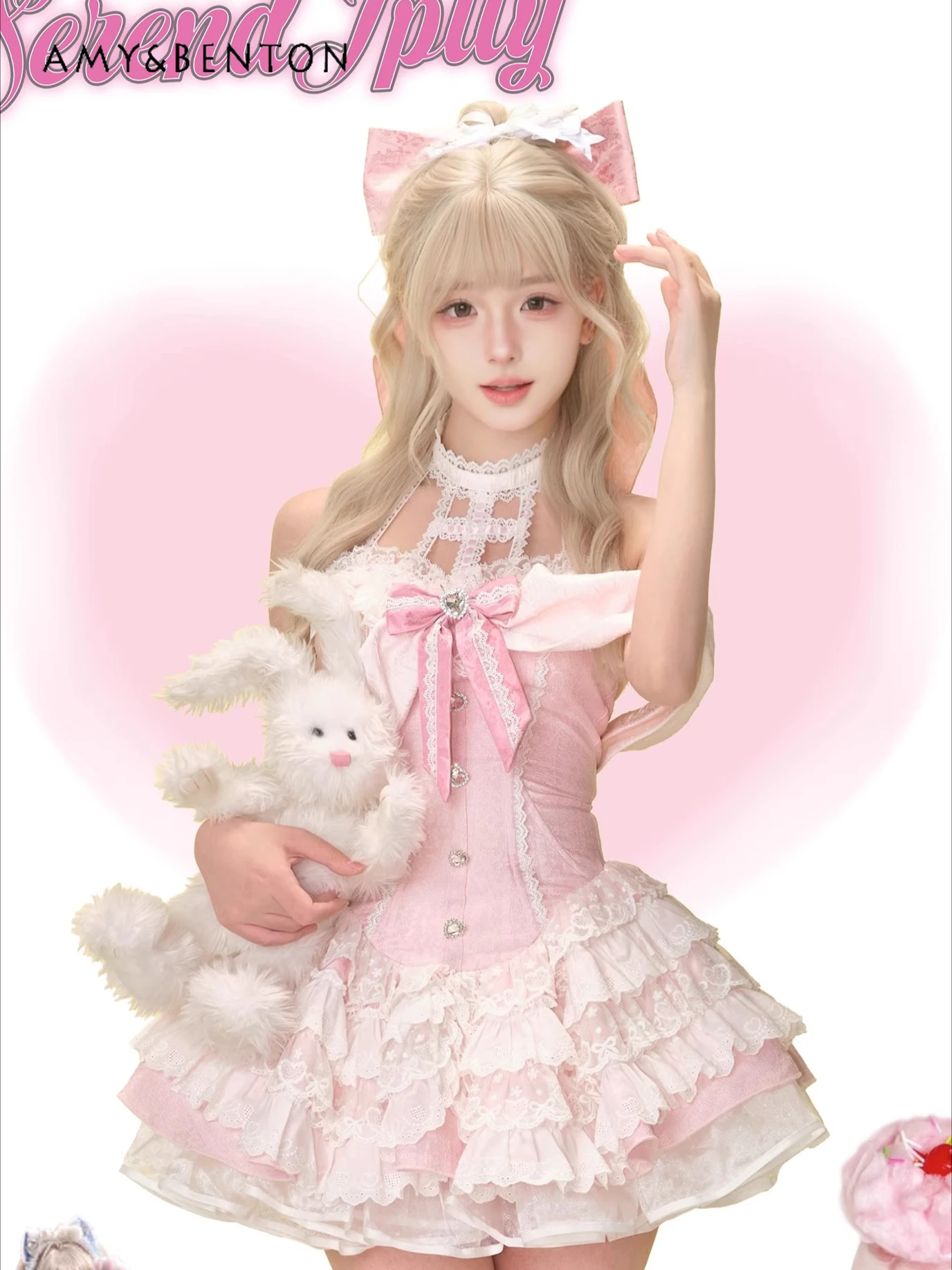 Robe Jacquard rose pour filles, tenue de princesse, tempérament d'été, mignon, col licou, nœud, taille haute, Slim, Tutu