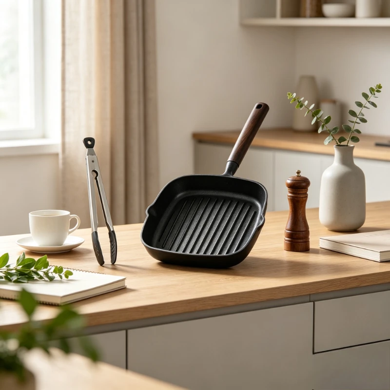 Nordic Cast Iron Skillet Non-Coated Steak Pan Rapid Heat Transfer Frying Pan with Wood Handle for Stovetop BBQ Camping Outdoor
