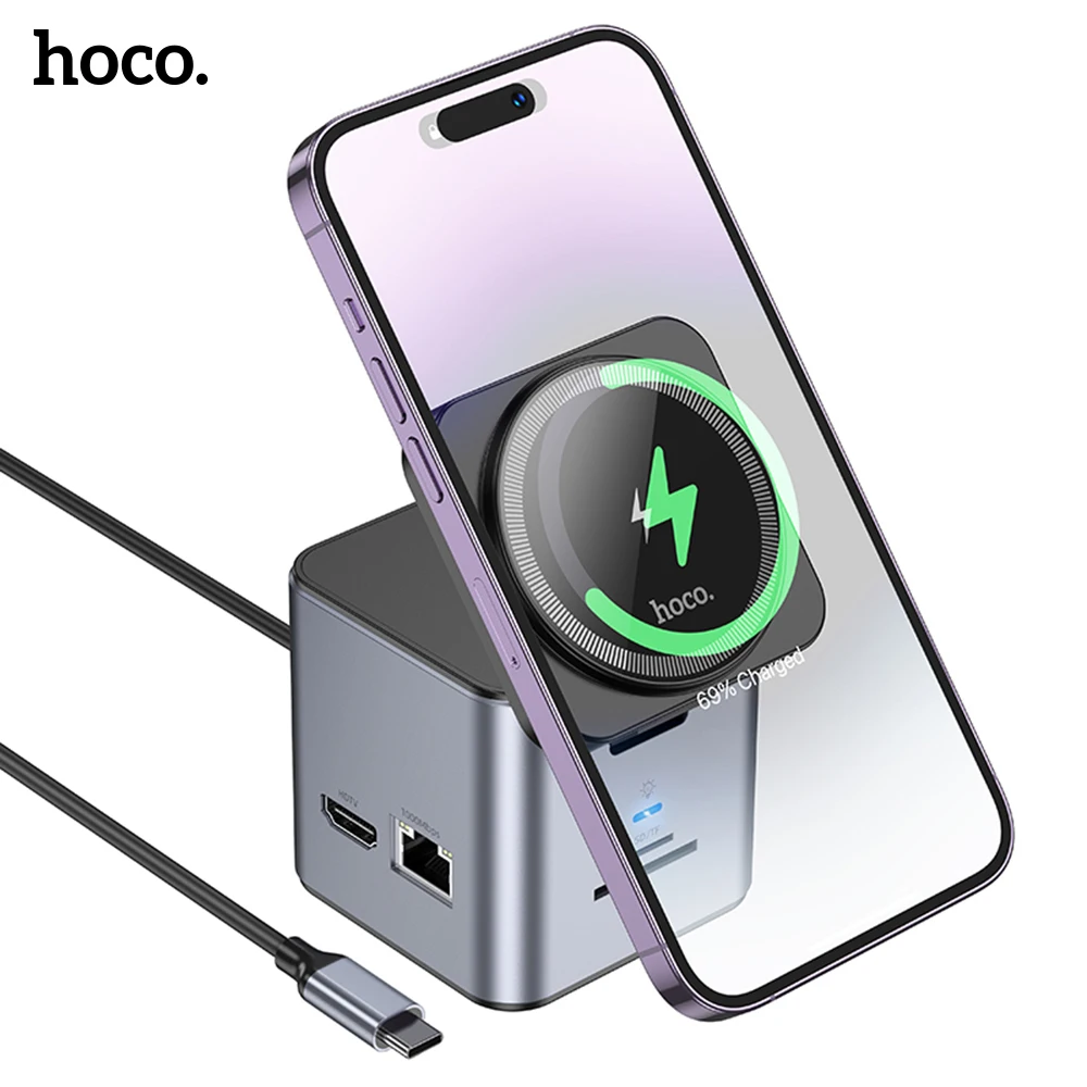 HOCO 9 in 1 Docking Station PD100W Type C Hub for MacBook Air Pro Laptops Wireless Charge for Xiaomi iPhone 15 1000M Lan USB 3.0