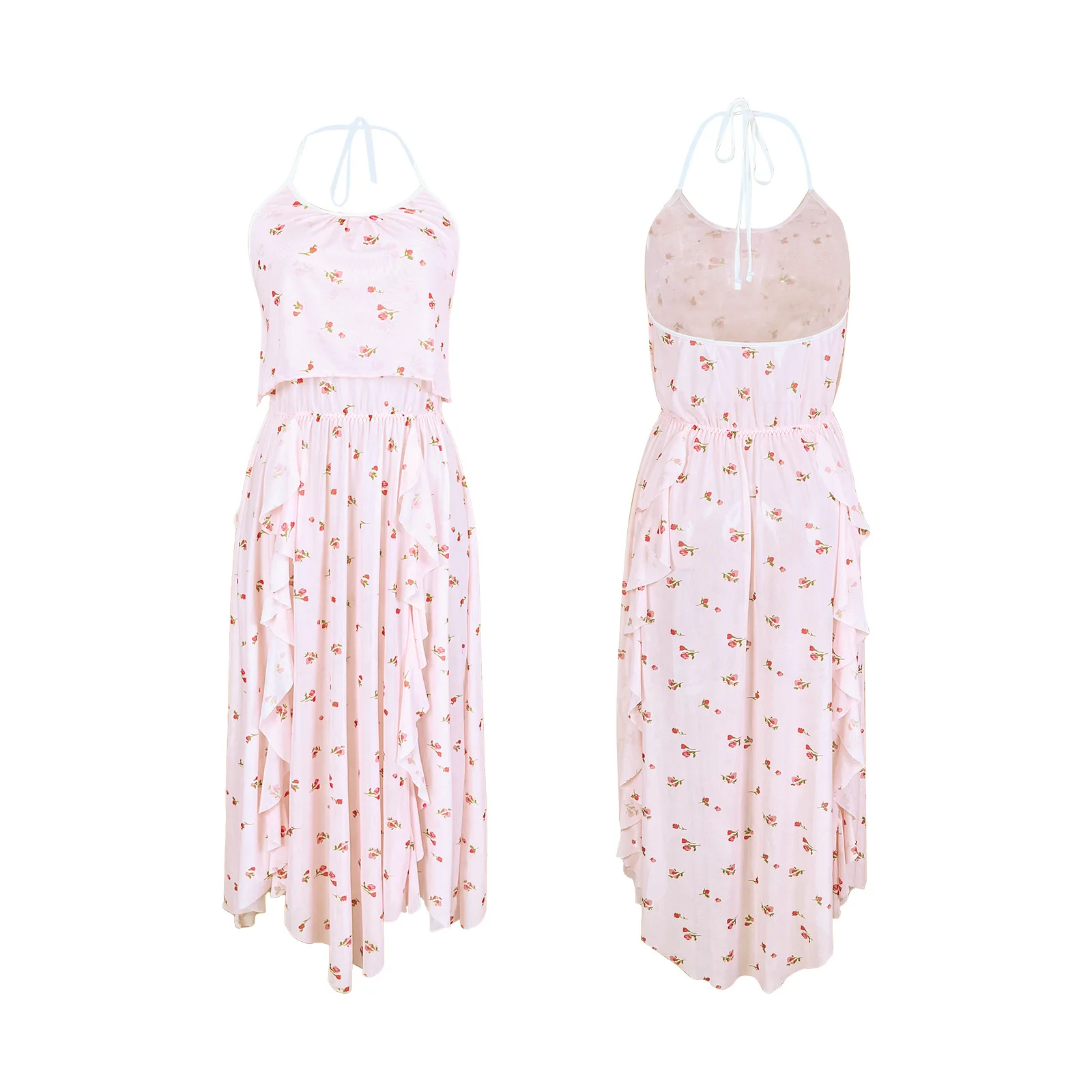 Summer New French Floral Dress With Halter Neck Open Back Mesh Long Skirt Ruffled Irregular Hem Backless Sleeveless Dress YV7X