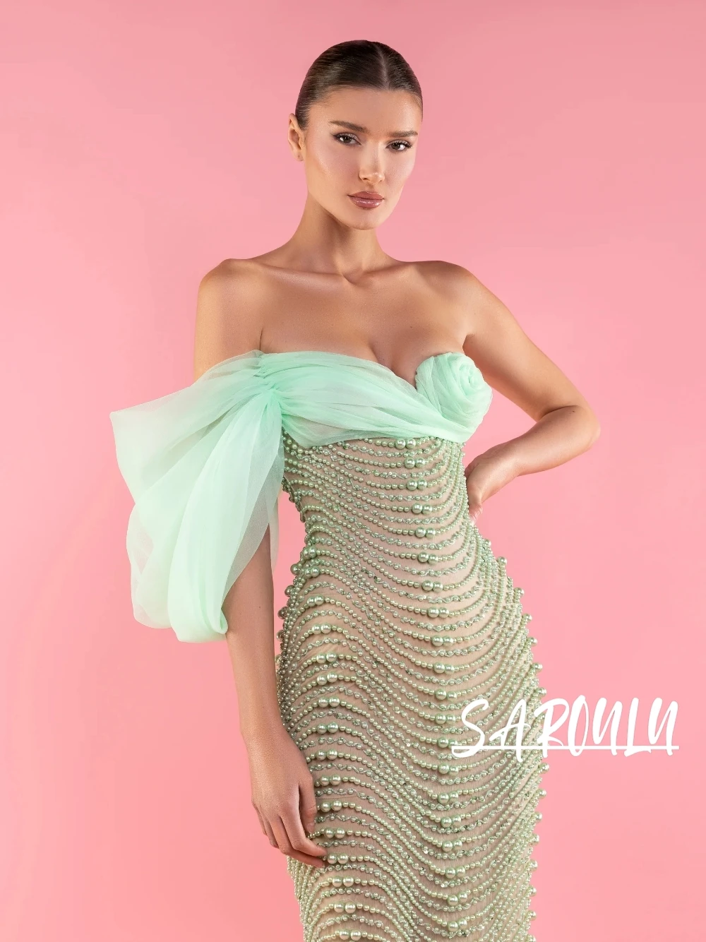 

Mint Green Beaded Wave Pattern Cocktail Dress One Shoulder Tulle Flower Mermaid Low Back Formal Wedding Guest Evening Prom Gown