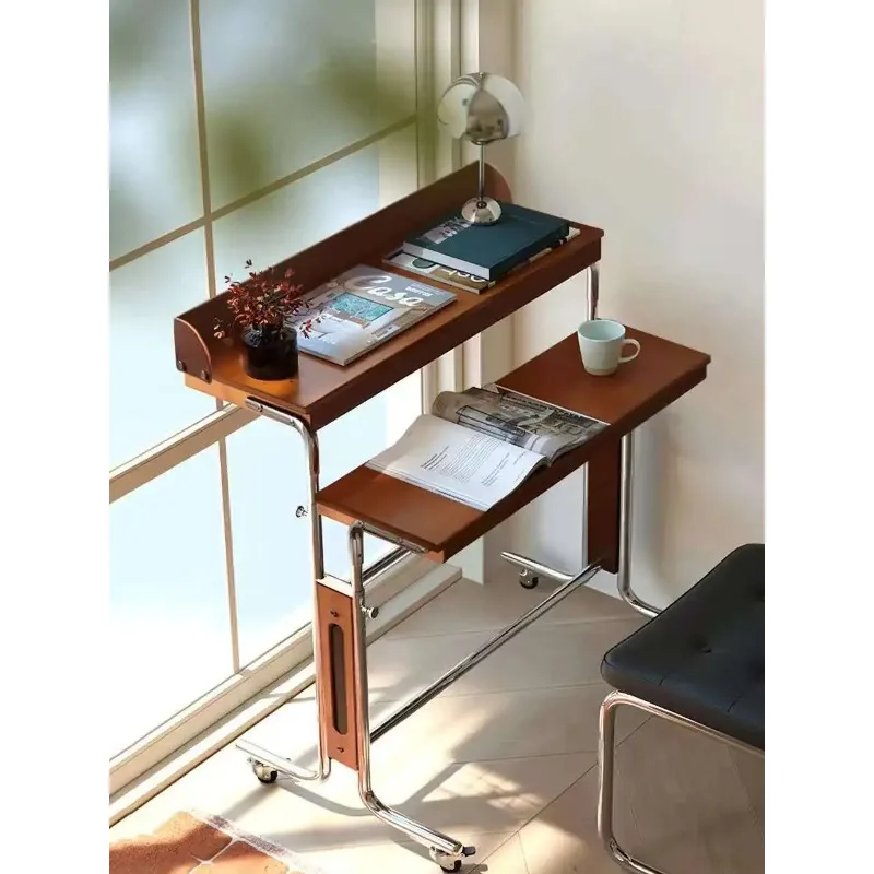 hh-Adjustable 2-Tier Rolling Table with Wooden Shelves, Chrome Metal Frame Mobile Computer Desk for Living Room & Home Office^