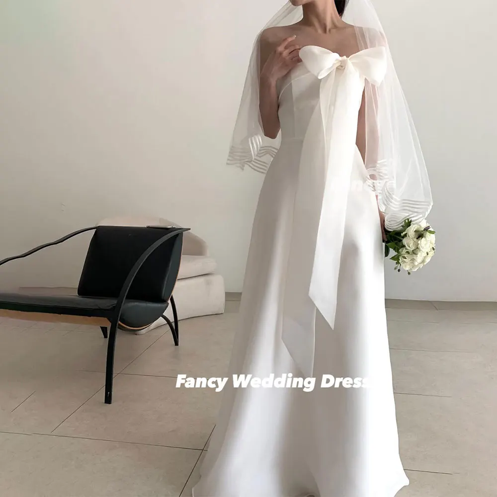 Fancy Simple Korea A Line Wedding Dress Photo Shoot Strapless Organza Removable Bow Prom Gown Back Corset Customized 웨딩드레스