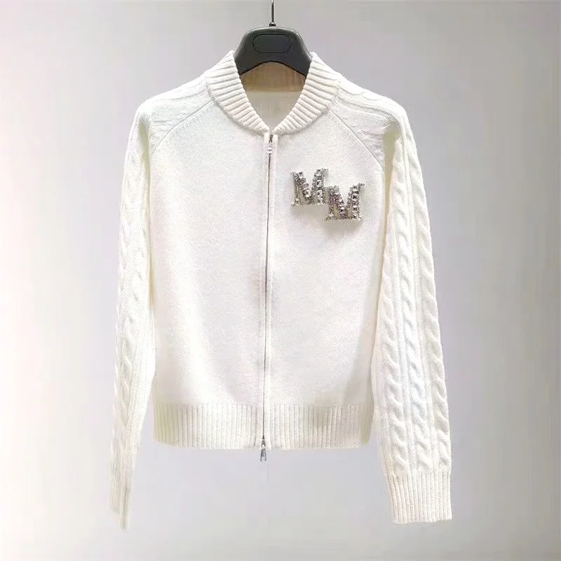 Strass brilhante feminino MM carta malha cardigan de manga comprida, camisola Y2K, top com zíper, coreano, outono, inverno, novo