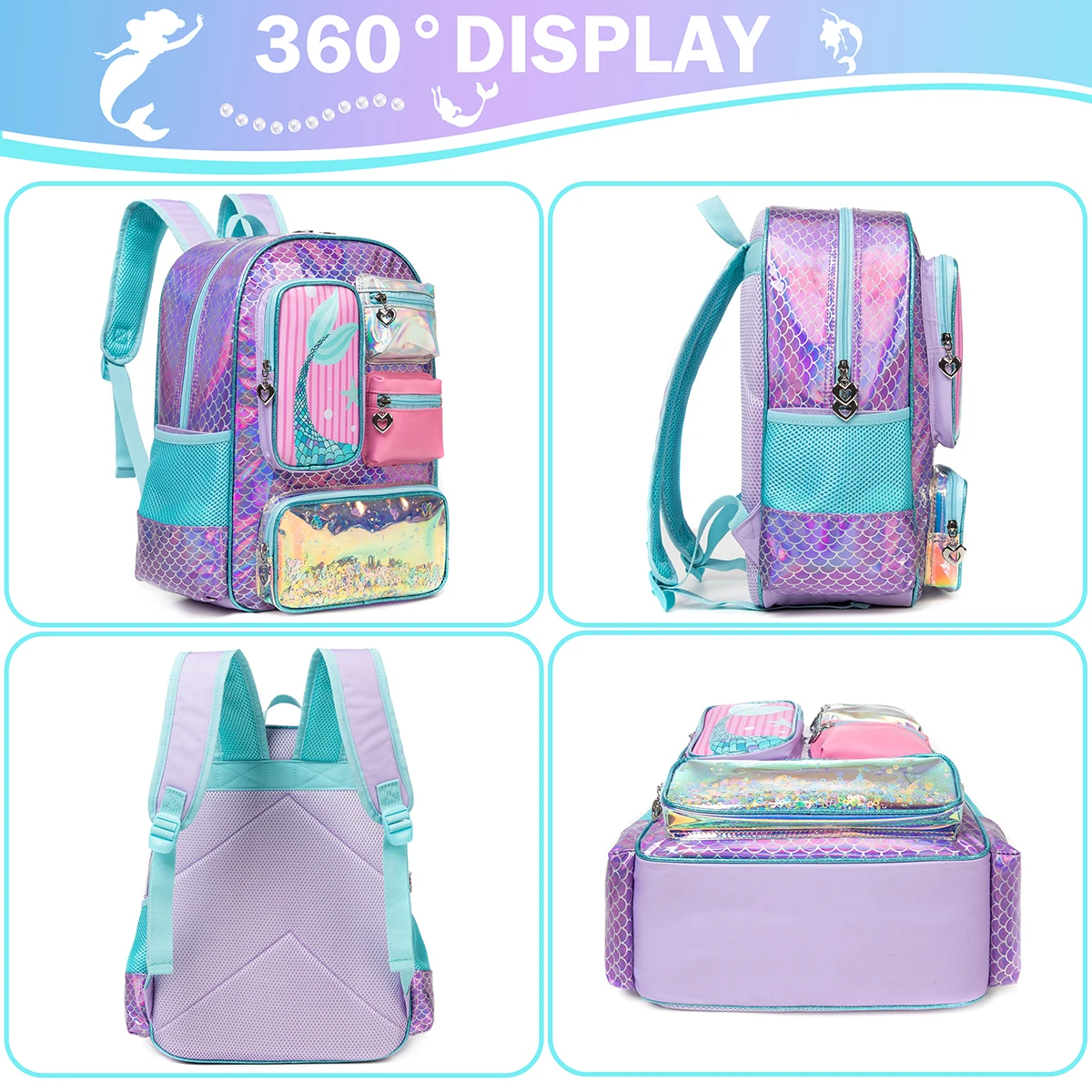 Meetbelify Mermaid Backpack for Girls Bookbag for Girls with Lunchbag and Penbag for Elementary Students