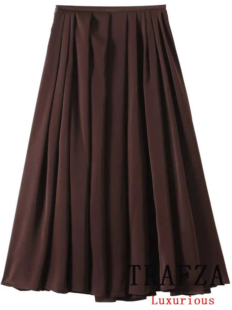 

TRAFZA Vintage Chic Brown Women Pleated Skirt Solid Zipper Loose Long Straight Skirt Fashion 2025 Autumn Holiday Female Skirt