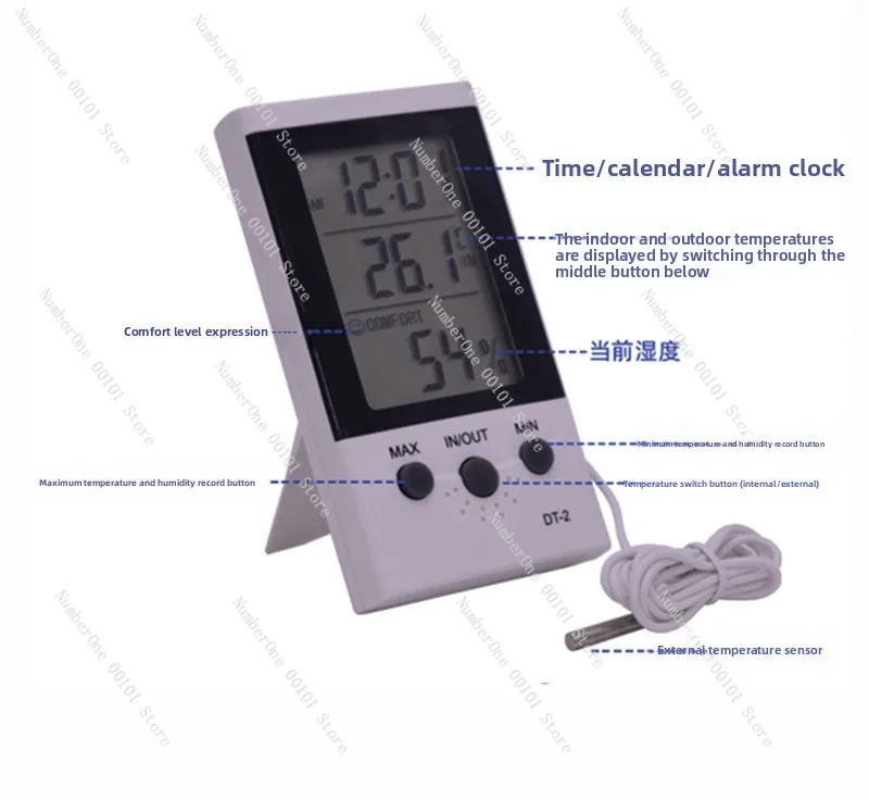 Smiley Face DT-2 Temperature Humidity Meter, Indoor Digital Thermometer with High Precision Probe, Alarm Clock & Time Display