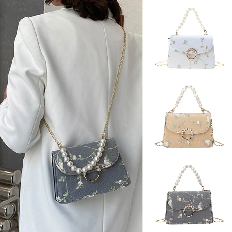 Floral Embroidery Mini Flap Handbag Shoulder Crossbody Bag for Women and Girls