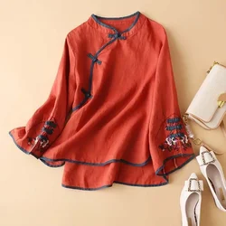 2023 New Spring Women's Shirt Chinese Style Trendy Artistic Embroidery Loose-fit V-neck Top For Women Fashionable Clothes