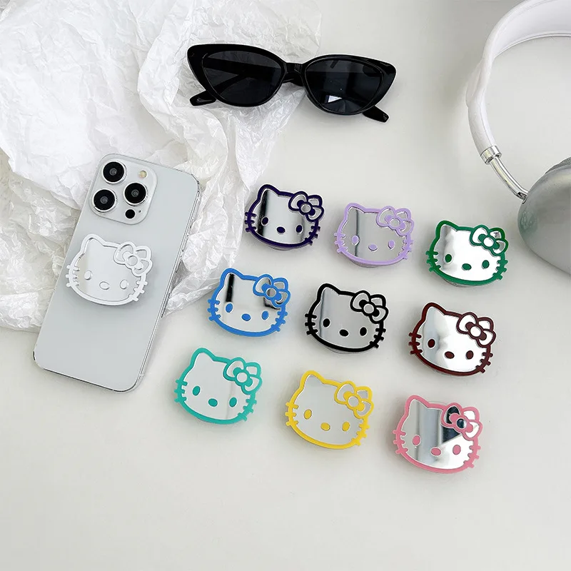 Sanrio Hello Kitty Mirror Cell Phone Airbag Bracket Cute Cartoon Kitty Cat Telescopic Portable Phone Back Sticker Accessories