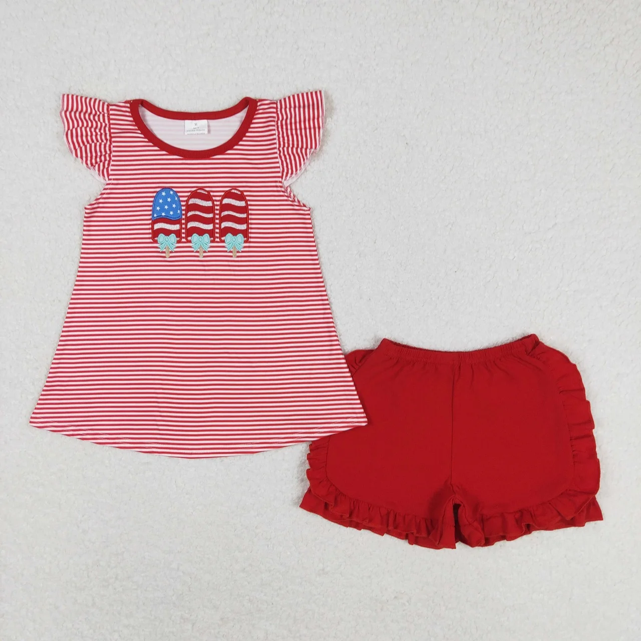 

Wholesale July 4th Outfit Kids Short Sleeves Embroidery Popsicles Stripe Tops Toddler Children Ruffle Red Shorts Baby Girls Sets