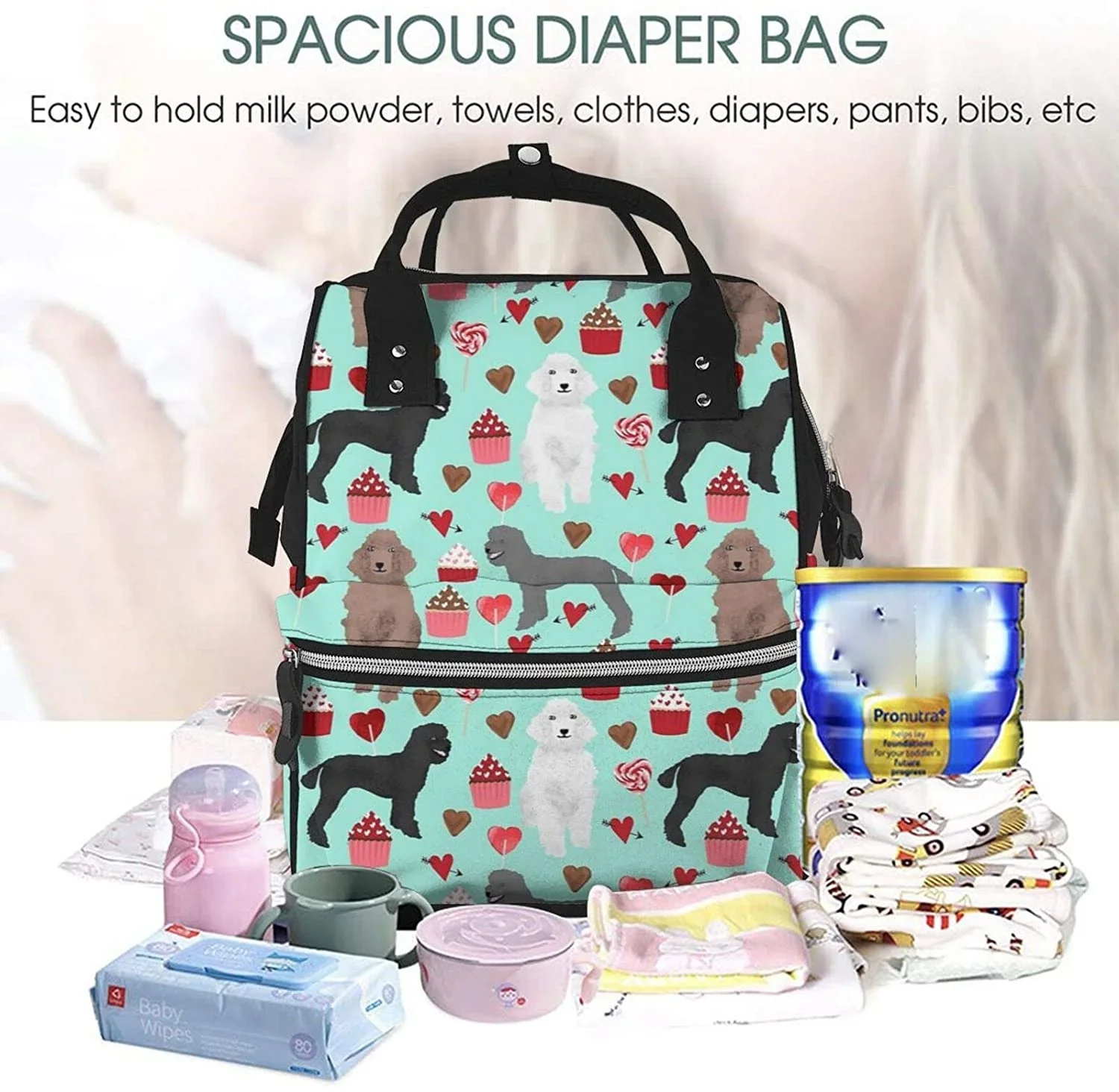 Poodles Dogs Printed Mummy Backpack Diaper Bag Multi-Function Maternity Nappy Bags, Kid Bag with Laptop Pocket,Stroller Straps