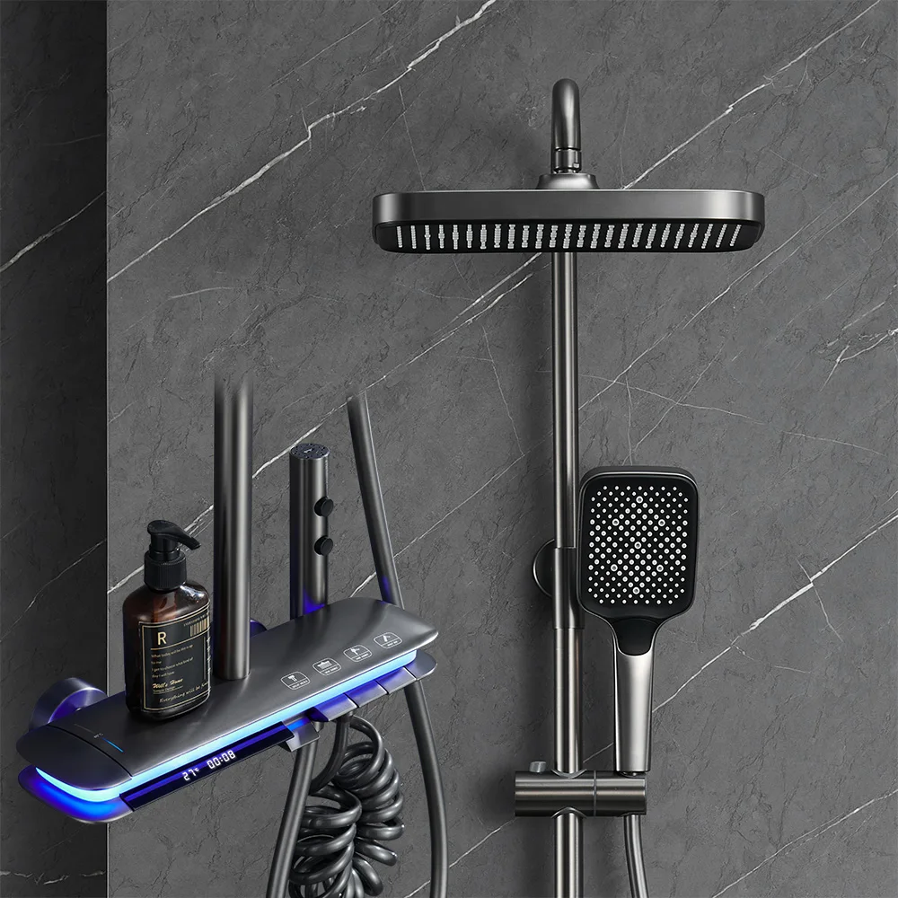 Luxury Wall Mounted Piano Shower Set LED Digital Smart Exposed Bathroom Thermostatic Shower Set