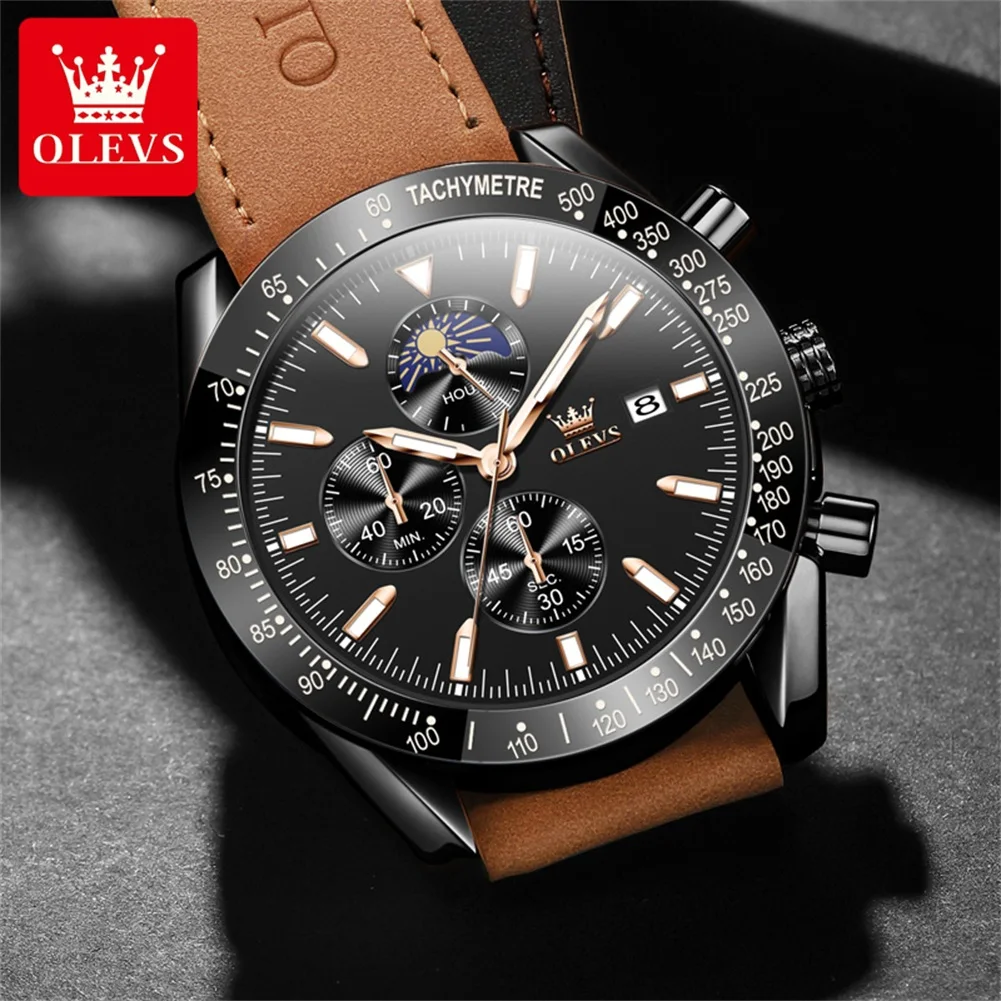 OLEVS-Montre-bracelet chronographe étanche avec bracelet en cuir pour homme, montre à quartz Shoous, montres originales, tendance de la mode, 9980