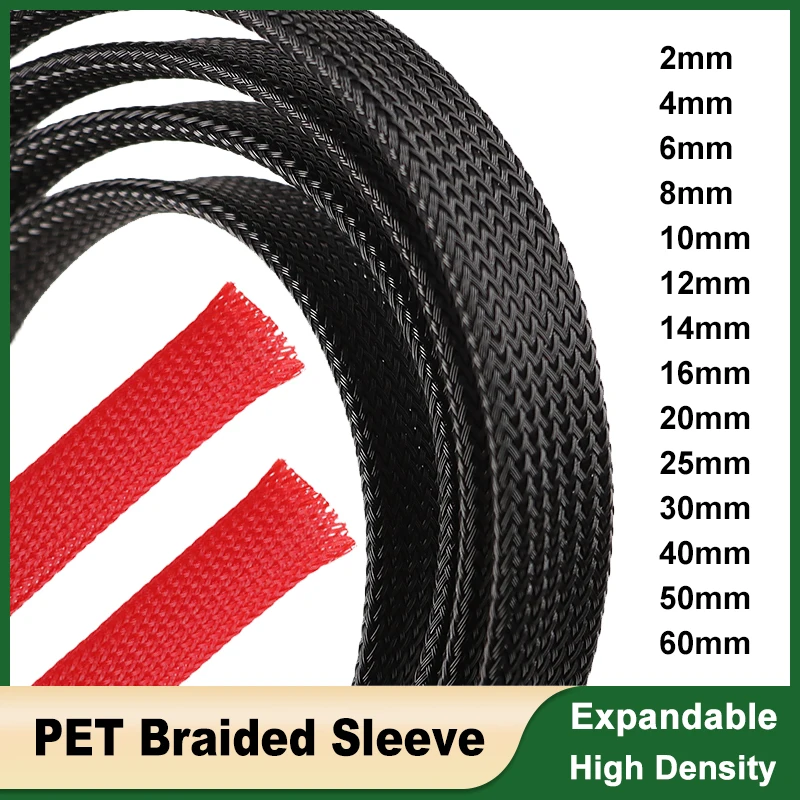 

PET Expandable Braided Sleeving 2 - 60mm Flexible Wire Mesh Sleeve Black Red For DIY TV Audio PC Cords Protect From Pets Chewing