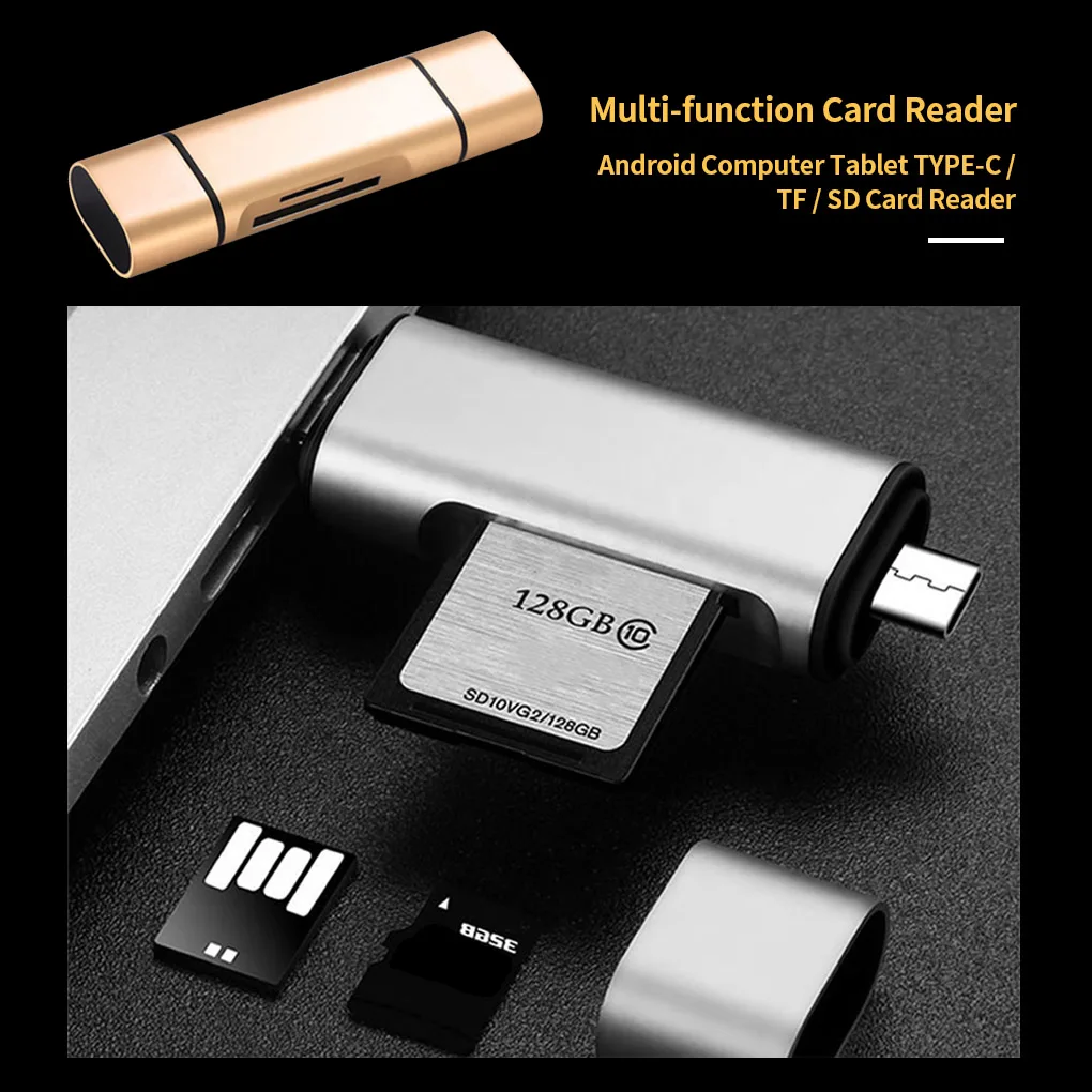 5-in-1 Card Reader Type-c USB Card Reading Device Computer Phone TF SD Aluminum Alloy Reader, Gold