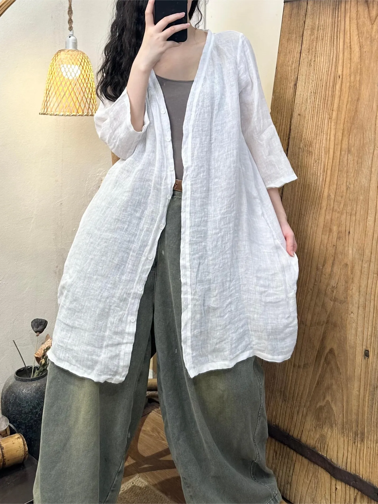 

Retro Versatile Linen Jaet Long Sve V-Ne Midi irt Outerwear Ele Simple Sle Women's Faion Summer 2025