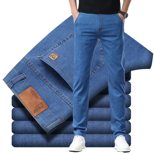 Pantalones elásticos de mezclilla transpirables para hombres, pantalones de algodón casuales de negocios clásicos, ropa de marca, pantalones vaqueros rectos, azul claro, moda