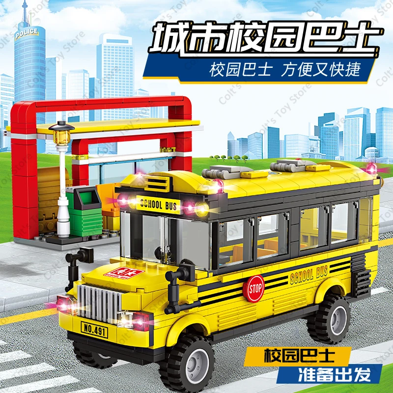 2025 City Yellow Passenger Bus Building Blocks School Bus Station Action Figures Traffic Bricks Model Kids Toys DIY Gift Sets