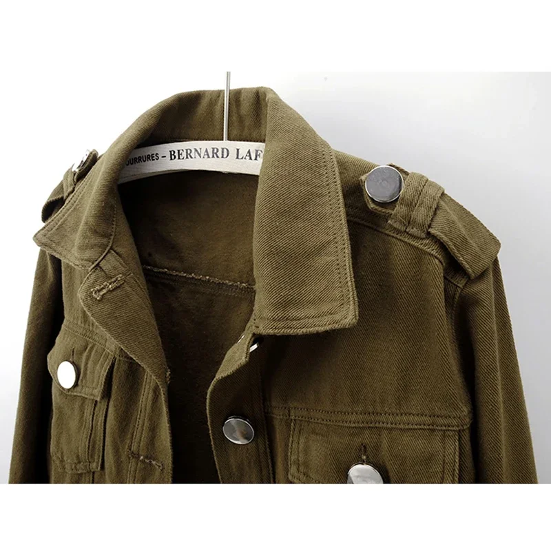 

Vintage Solid Color Big Pocket Denim Jacket Coat Women Autumn Korean Slim Short Cowboy Outerwear Hem Belt Jeans Jackets Female