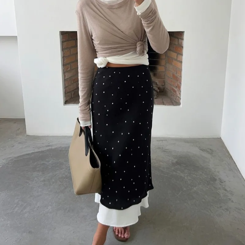 

Talenza Women's Elegant Polka Dot Maxi Skirt Summer Print Contrast Slit Patchwork Casual Skirt Vintage High Waist Female Skirts