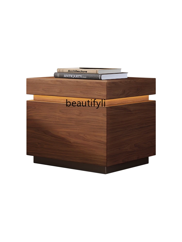 

Bedside Cabinet Designer New Style Square Smoky Wood Leather Master Bedroom Bedside Table with LED Light