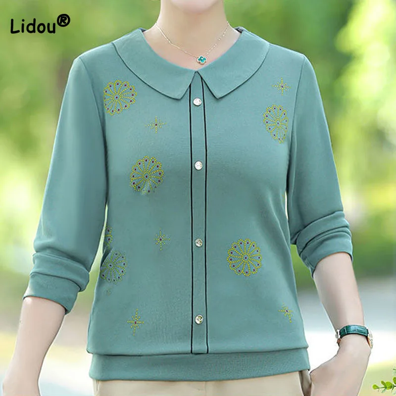 Autumn Winter Casual Embroidery Solid Color Knitted T-shirt Women's Clothing Vintage Peter Pan Collar Pullovers Tops for Female