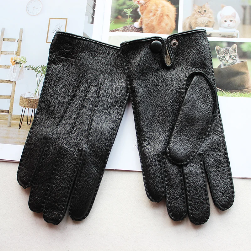 New hand-stitched touch screen leather men's deerskin gloves Wool knit lining black corrugated driving gloves