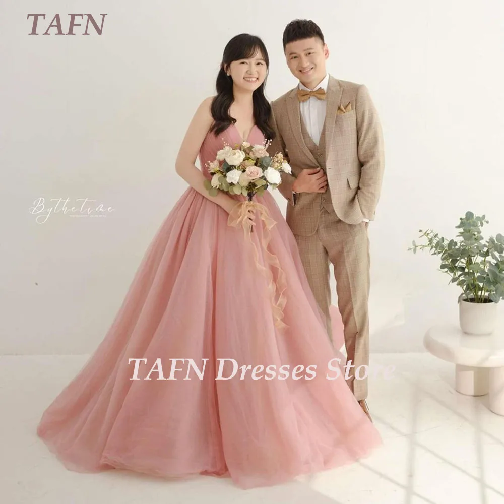 TAFN Korea Wedding Dresses Strapless A-line Sweep Train Bridal Gown Custom Made Sleeveless Pink Tulle Photo Shoot Dresses