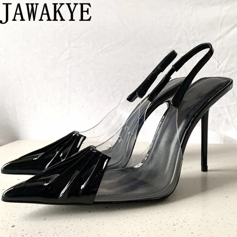 

Designer Brand Leather PVC Sandals Women Black Pointy Toe High Heel Slingbacks Summer Sexy Office Ladies Shoes Women Pumps