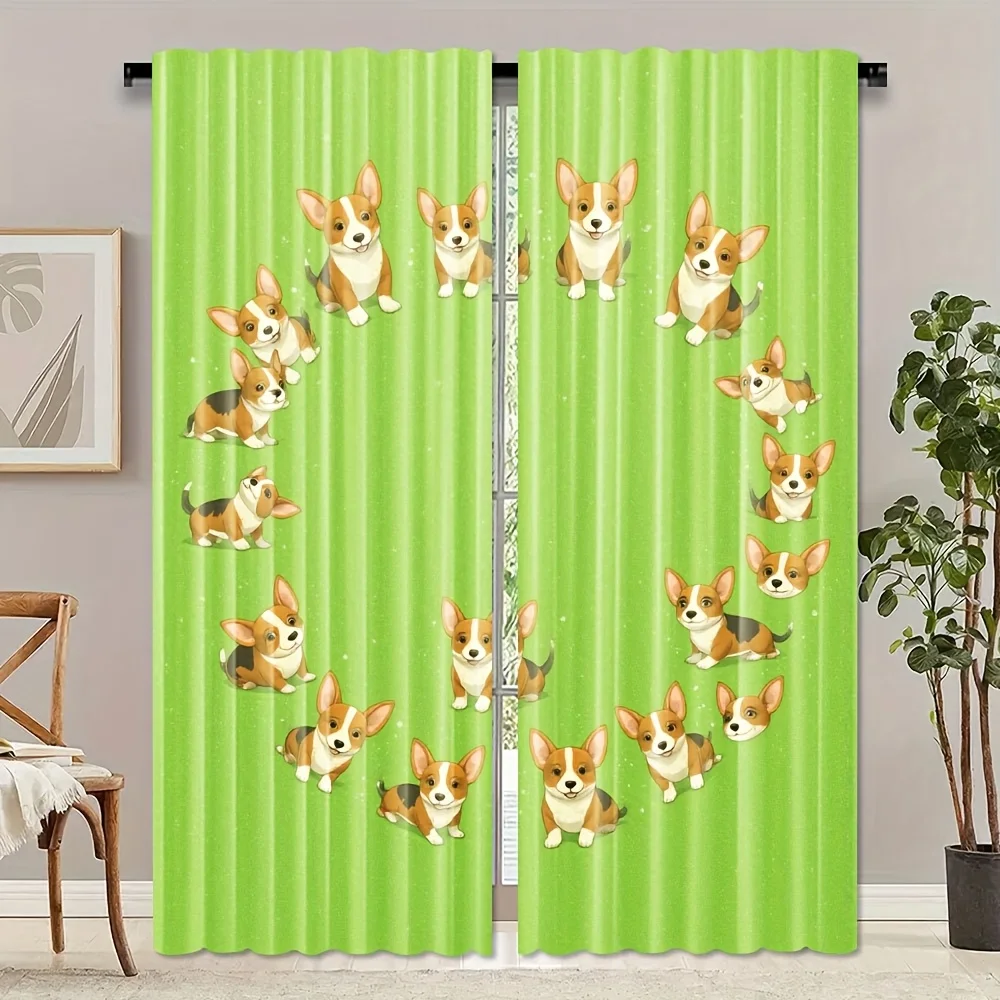 Lovely Corgi Blackout Rod Pocket Curtain Full Print Cute Puppy Fresh Green Decor Pet Cafe Homestay Child Rest Bay Window