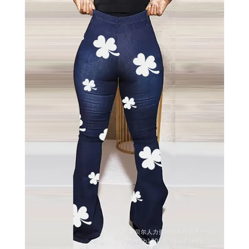 

Denim Bootcut Pants St. Patrick's Day Y2K Skinny Jeans Women Four-Leaf Clover Printed High Waist Lucky Denim Trousers