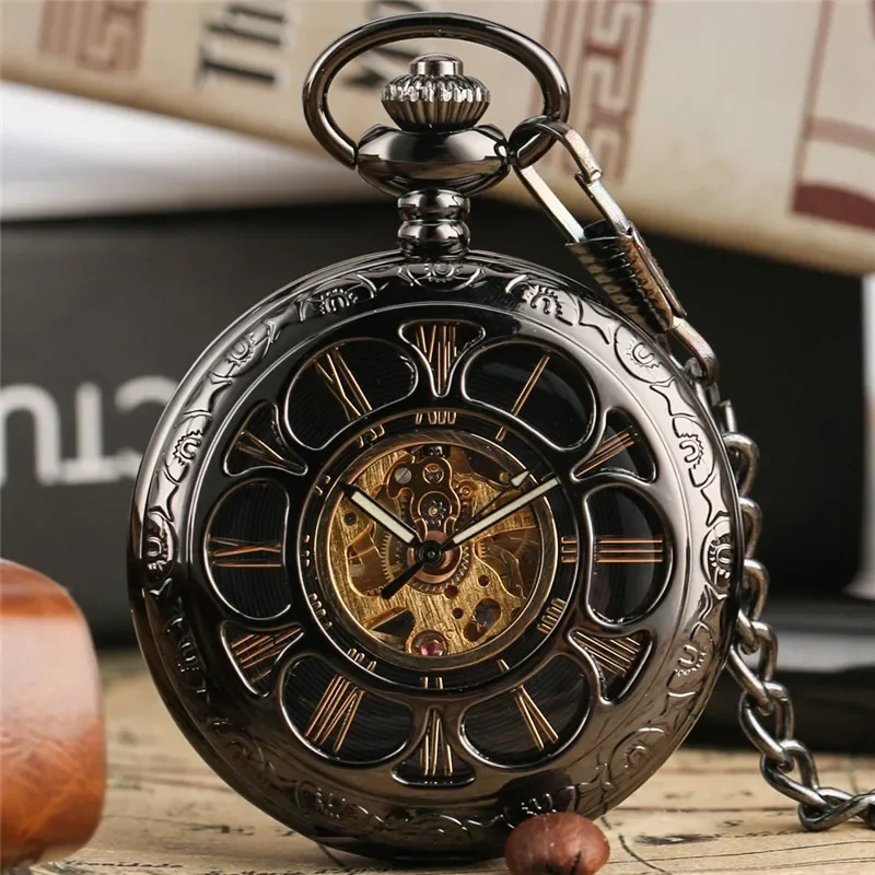 Retro Black Hollow Flower Cover Pocket Watch Mechanical Handwinding Clock Roman Numeral Dial with Pendant Chain for Men Women