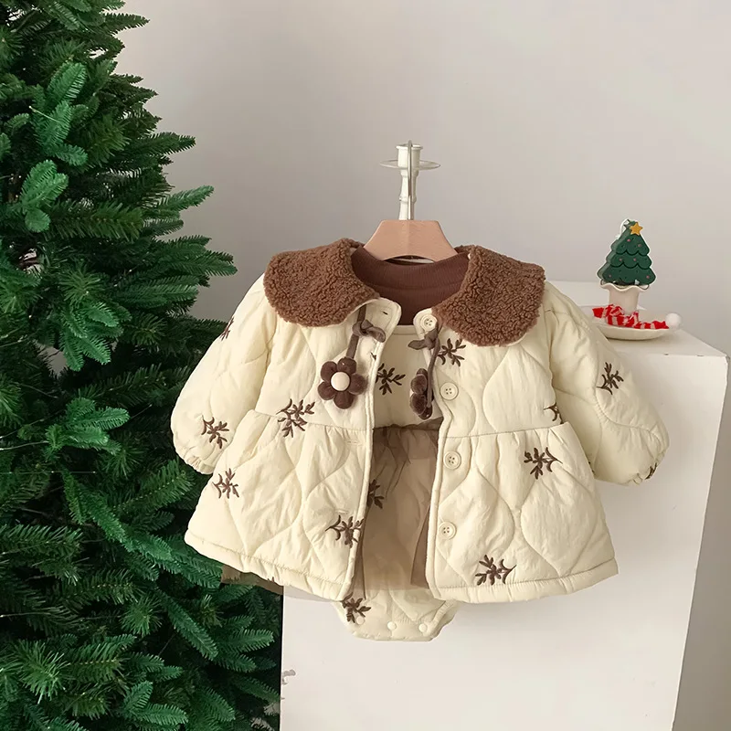 2024 Winter Baby Girls Coat Cotton Padded Plus Velvet Thick Warm Infant Girls Jacket Embroidery Flower Toddler Girls Overcoat