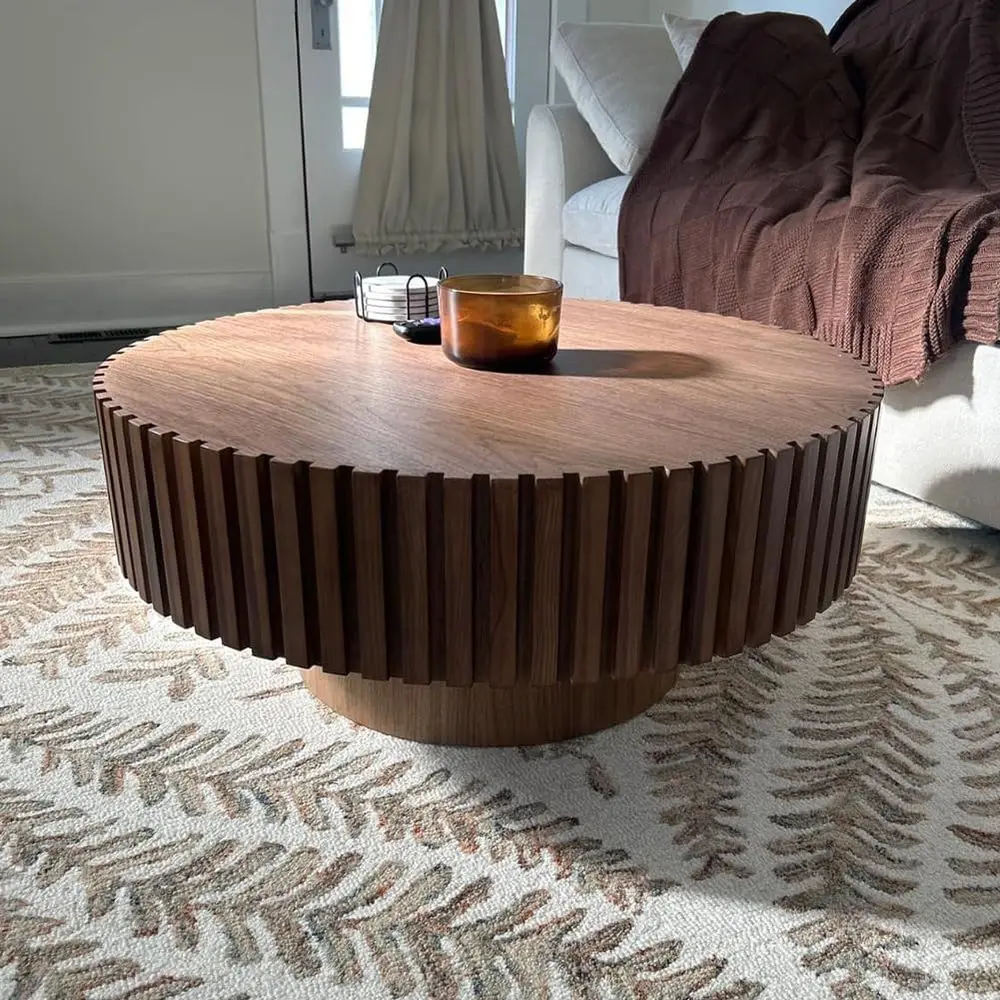 

Contemporary Walnut Circle Coffee Table with Pedestal Base for Living Room, Easy Assembly