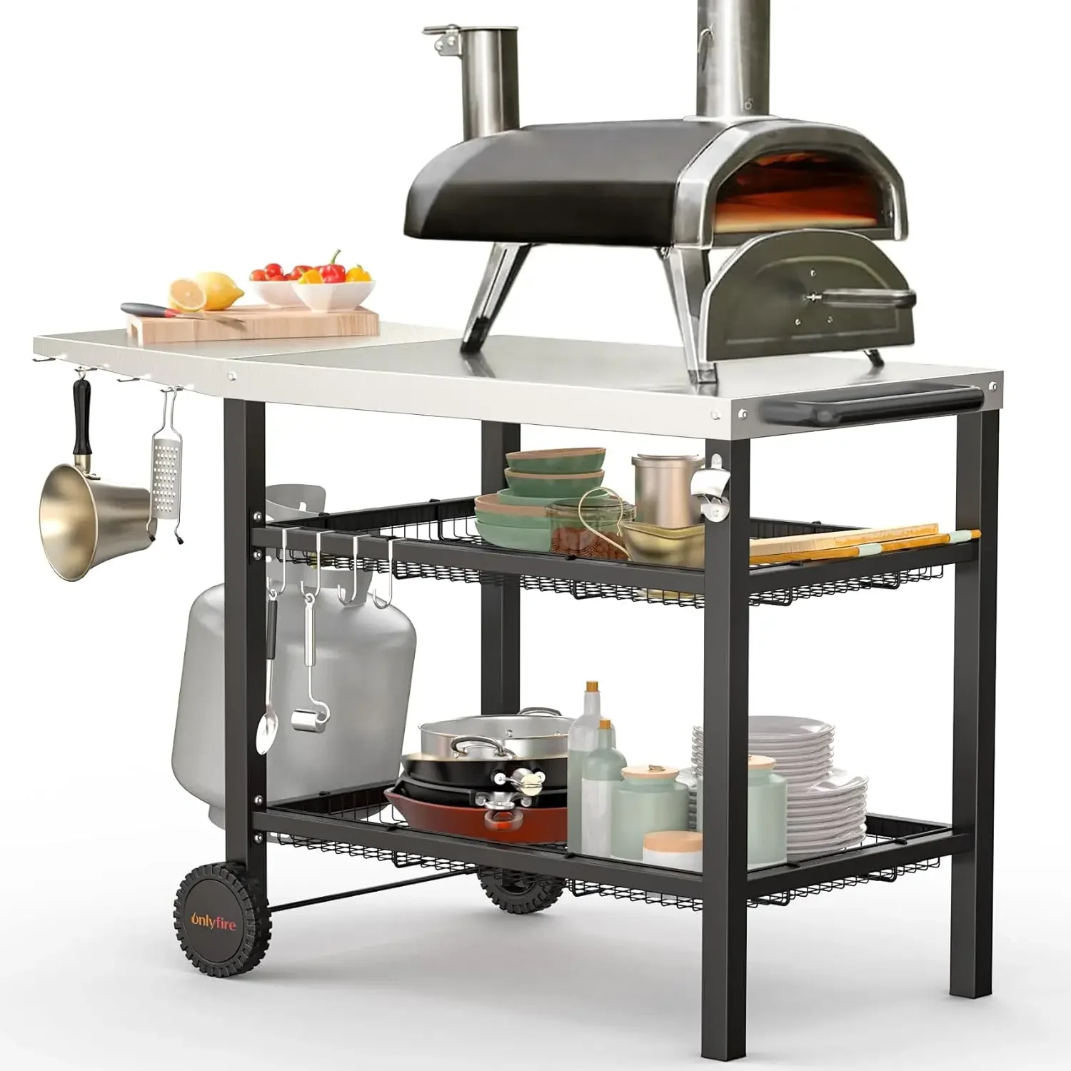 Outdoor terrace grill cart table with movable pizza oven rack, stainless steel flat top outdoor cooking preparation table