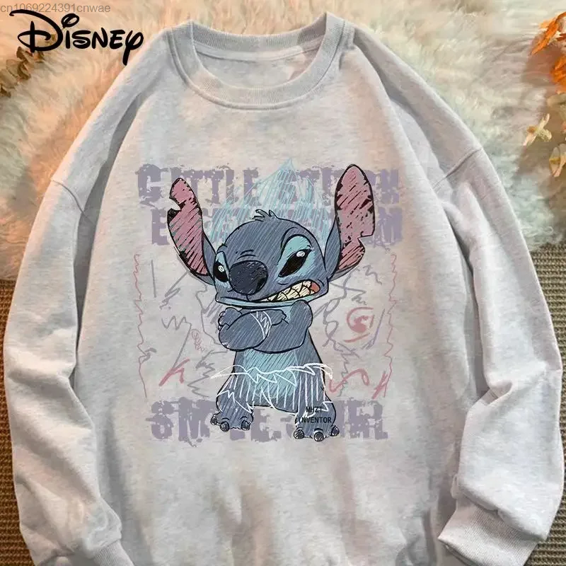 Disney Stitch Black Cotton New Round Neck Hoodie Men Women Hip Hop Long Sleeve Tops 2000s Aesthetic Youthful Woman Clothes Y2k