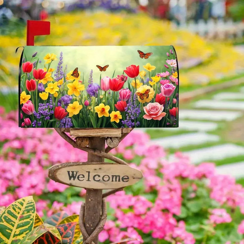 1pc Spring tulip, daffodil and butterfly mailbox cover, suitable for outdoor mailbox decoration for spring,summer,yards, gardens