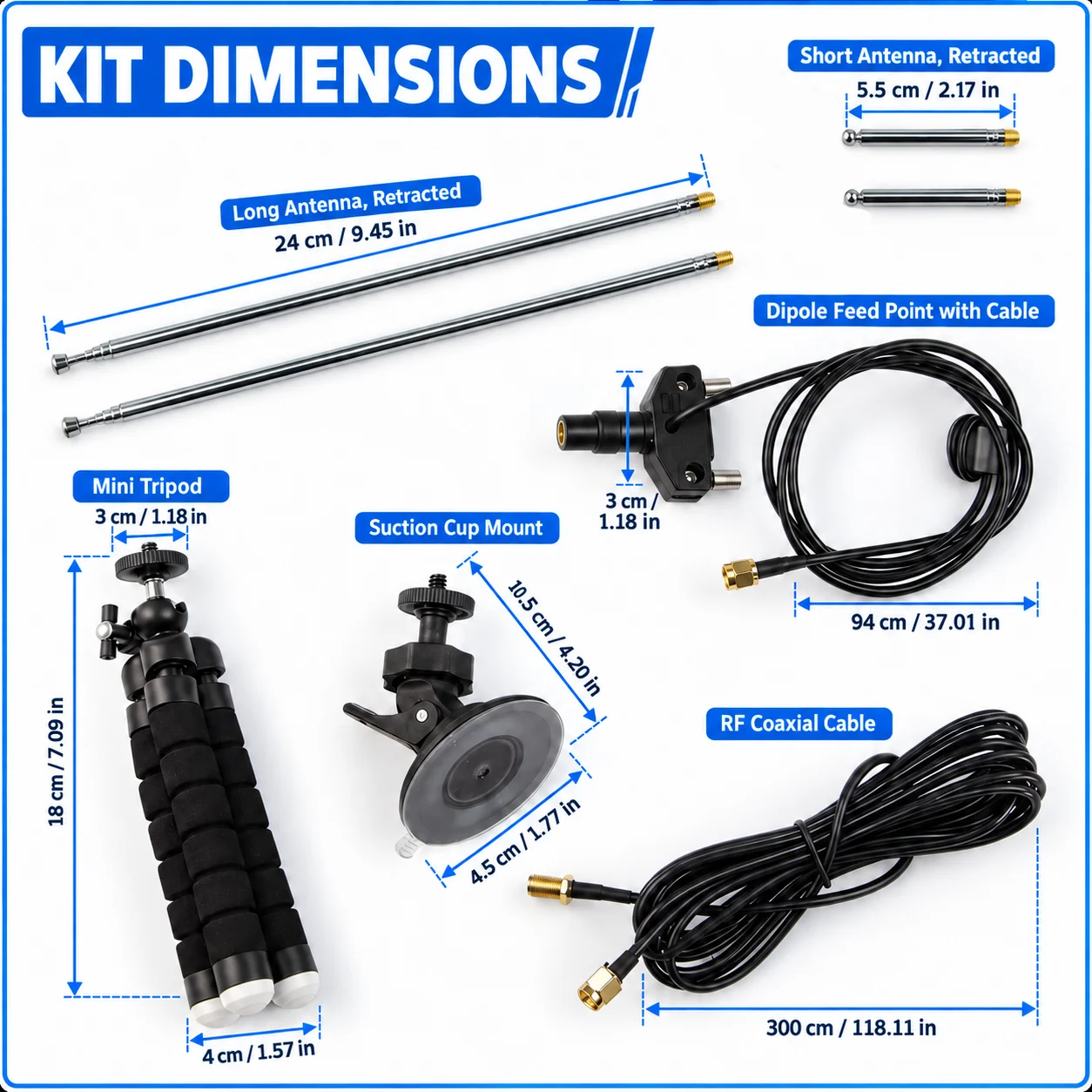 HTOOL TD1806 Portable Wideband Telescopic Dipole Antenna Kit, 180 MHz to 6 GHz Coverage, with Mini Tripod and Suction Cup Mount