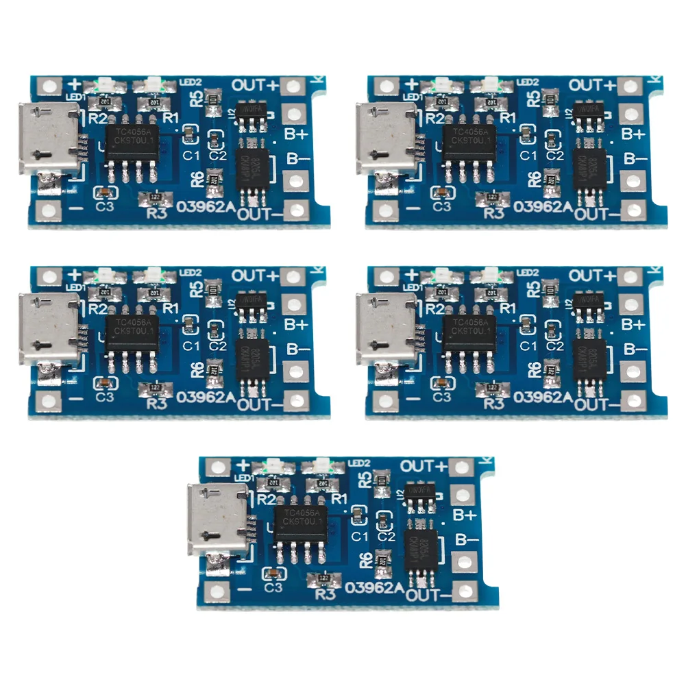 Pack of 5 Lithium Ion Battery Charger Modules with USB 5V 1A Input LED Charging Indicator and Battery For Protection Board