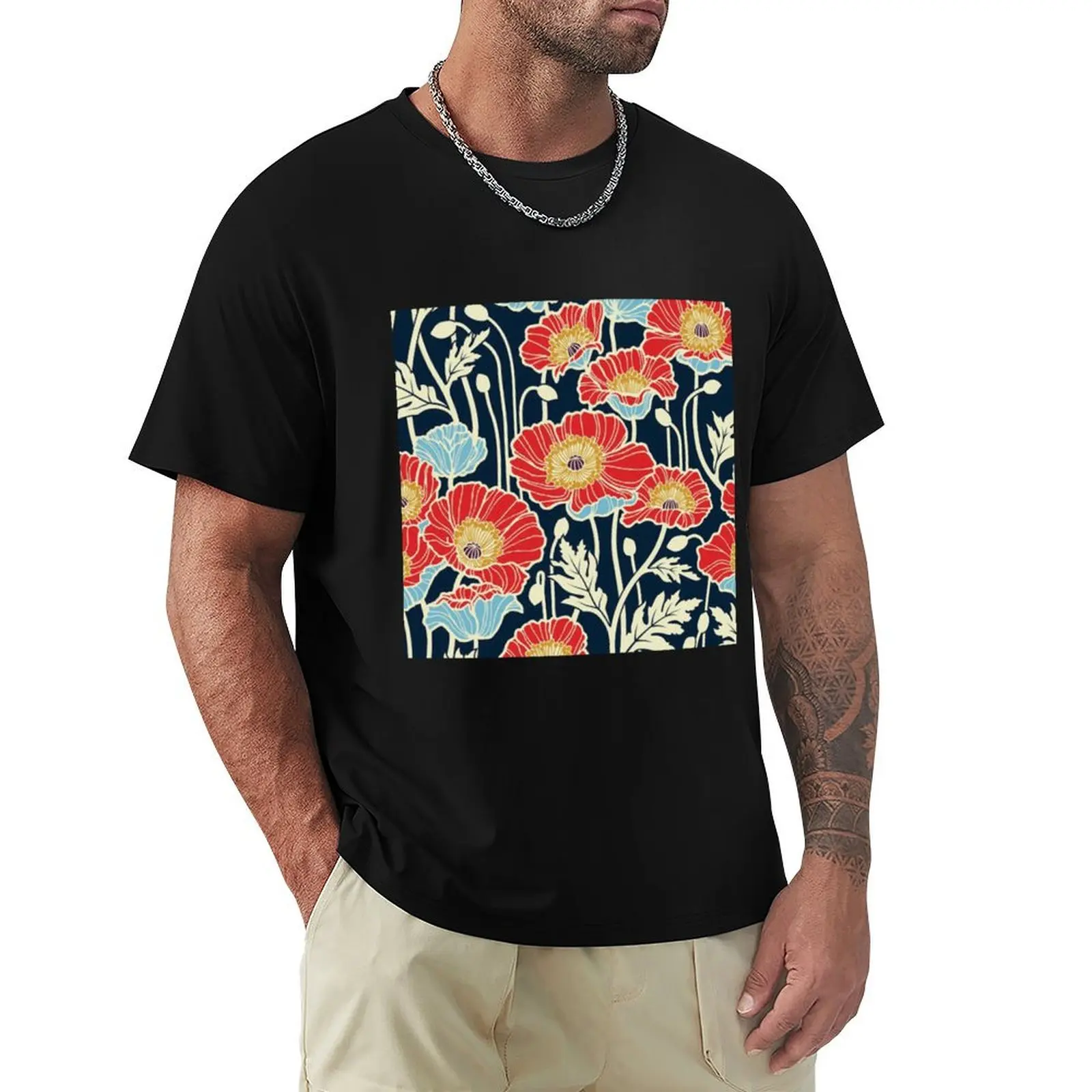 Red Orange Navy Floral T-Shirt t shirt man luxury T-Shirt