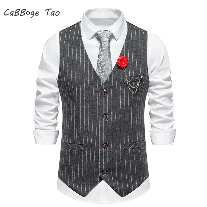 Spring New Men\'s Retro Stripe Single Breasted Casual Suit Comfortable Vest Top